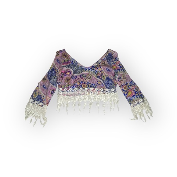 new Millau ꧁ Cold Shoulder Lace Fringe Festival Crop Top ꧁ Multicolor Print ꧂ XS - Picture 3 of 16